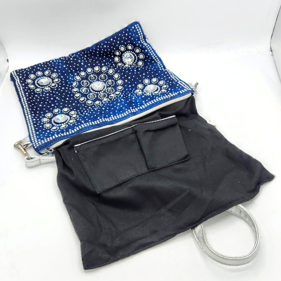Denim Crystal Rhinestone Crossbody Bag With Metallic Weaving On Back - Picture 8 of 16
